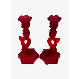 Vintage Red Satin Glass Koi Fish Candle Holders 10"H - Set of 2